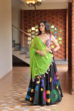 Vibrant Black & Multi-Color Appliqué Lehenga Choli with Lime Green Dupatta