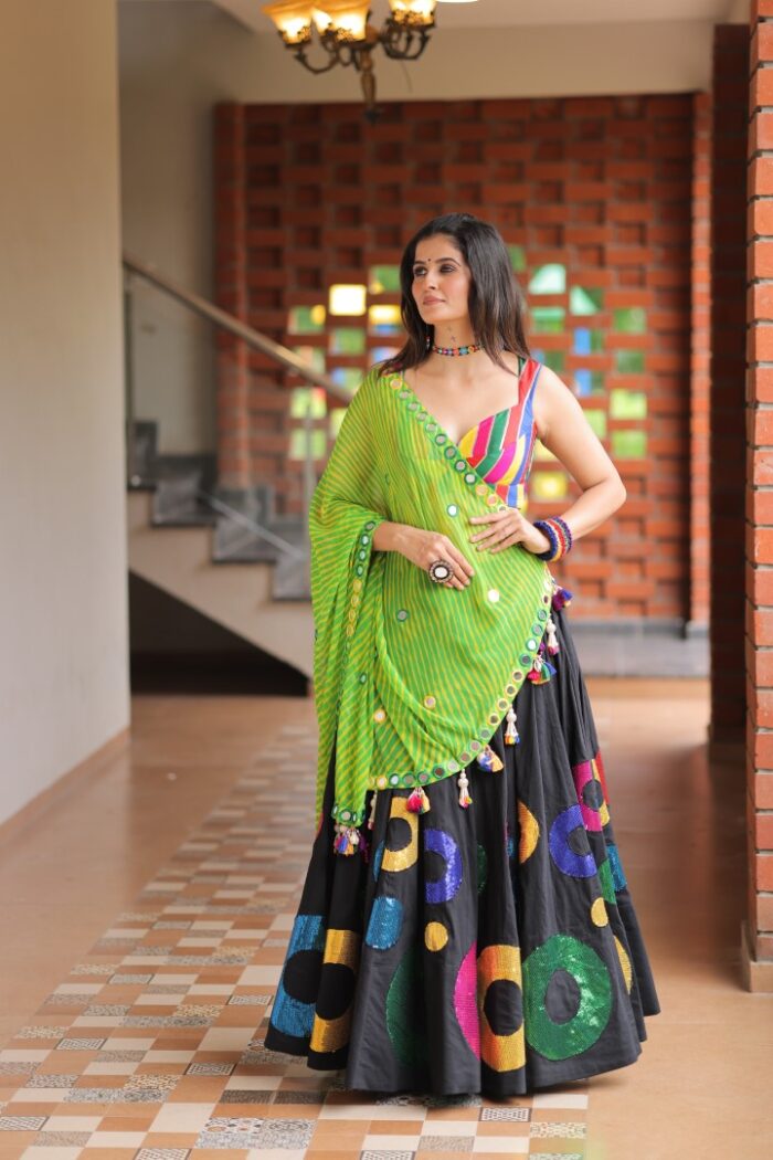 Vibrant Black & Multi-Color Appliqué Lehenga Choli with Lime Green Dupatta - Image 1