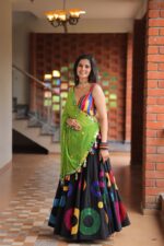 Vibrant Black & Multi-Color Appliqué Lehenga Choli with Lime Green Dupatta - Image 3