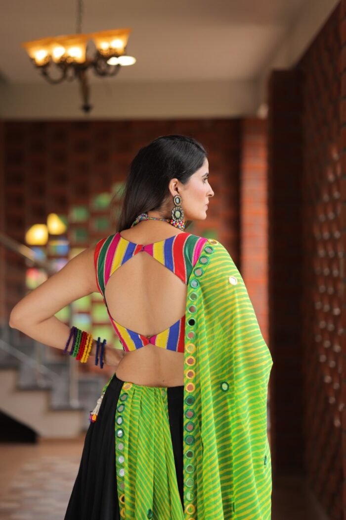 Vibrant Black & Multi-Color Appliqué Lehenga Choli with Lime Green Dupatta - Image 4