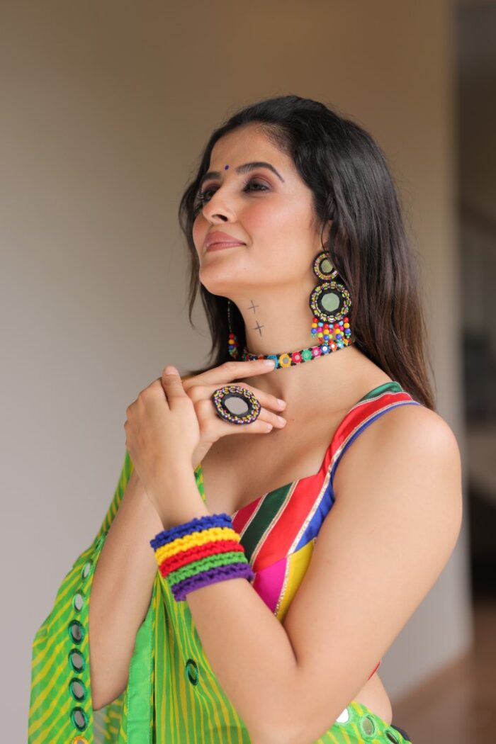 Vibrant Black & Multi-Color Appliqué Lehenga Choli with Lime Green Dupatta - Image 5