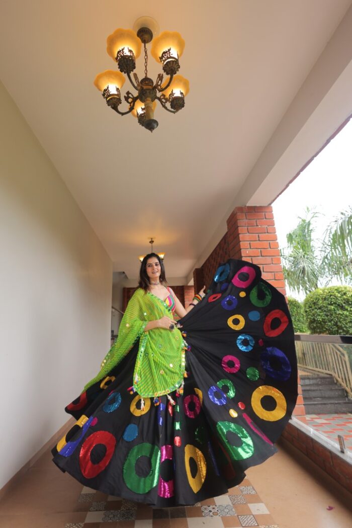 Vibrant Black & Multi-Color Appliqué Lehenga Choli with Lime Green Dupatta - Image 2