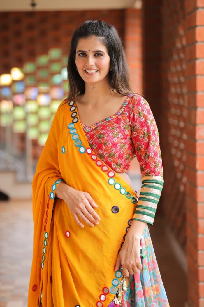 Sunshine Yellow & Floral Printed Lehenga Choli with Mirror Work - Image 3