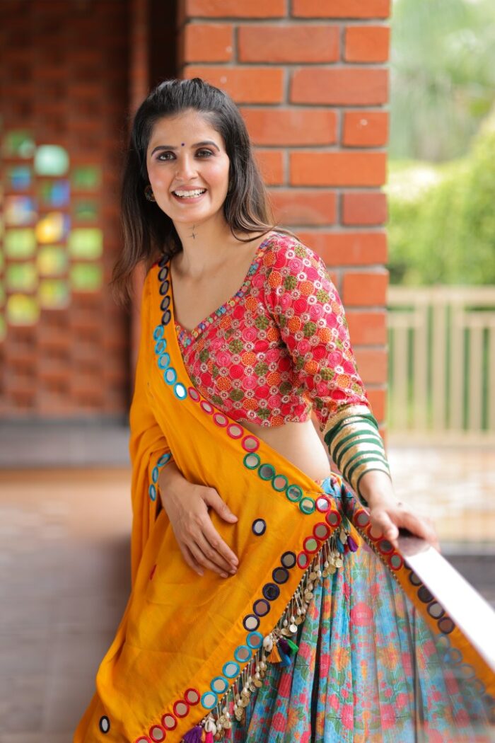 Sunshine Yellow & Floral Printed Lehenga Choli with Mirror Work - Image 4
