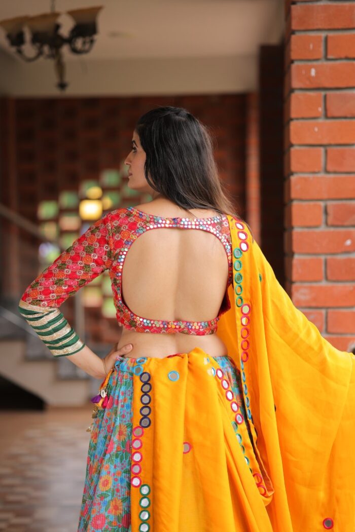 Sunshine Yellow & Floral Printed Lehenga Choli with Mirror Work - Image 2