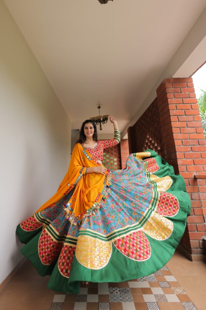 Sunshine Yellow & Floral Printed Lehenga Choli with Mirror Work - Image 5