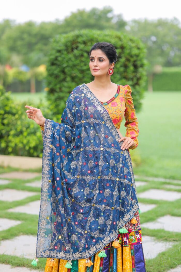 Eclectic Multi-Print Lehenga Choli with Puff Sleeves & Embroidered Dupatta - Image 4