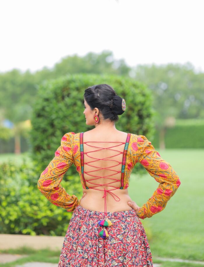Eclectic Multi-Print Lehenga Choli with Puff Sleeves & Embroidered Dupatta - Image 3
