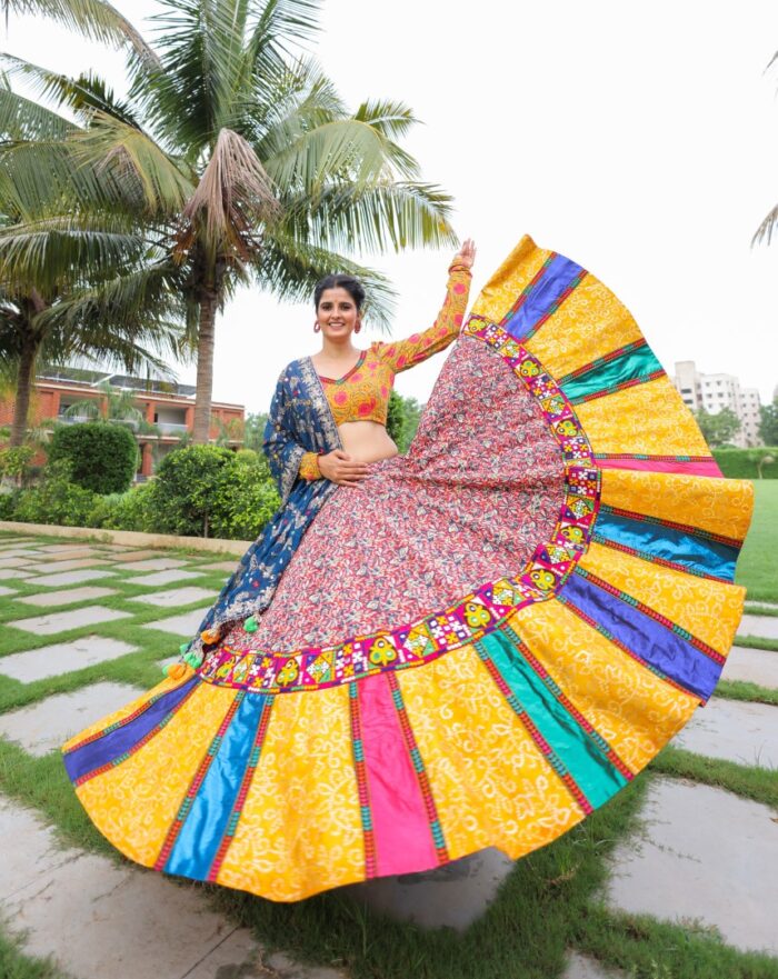Eclectic Multi-Print Lehenga Choli with Puff Sleeves & Embroidered Dupatta - Image 2