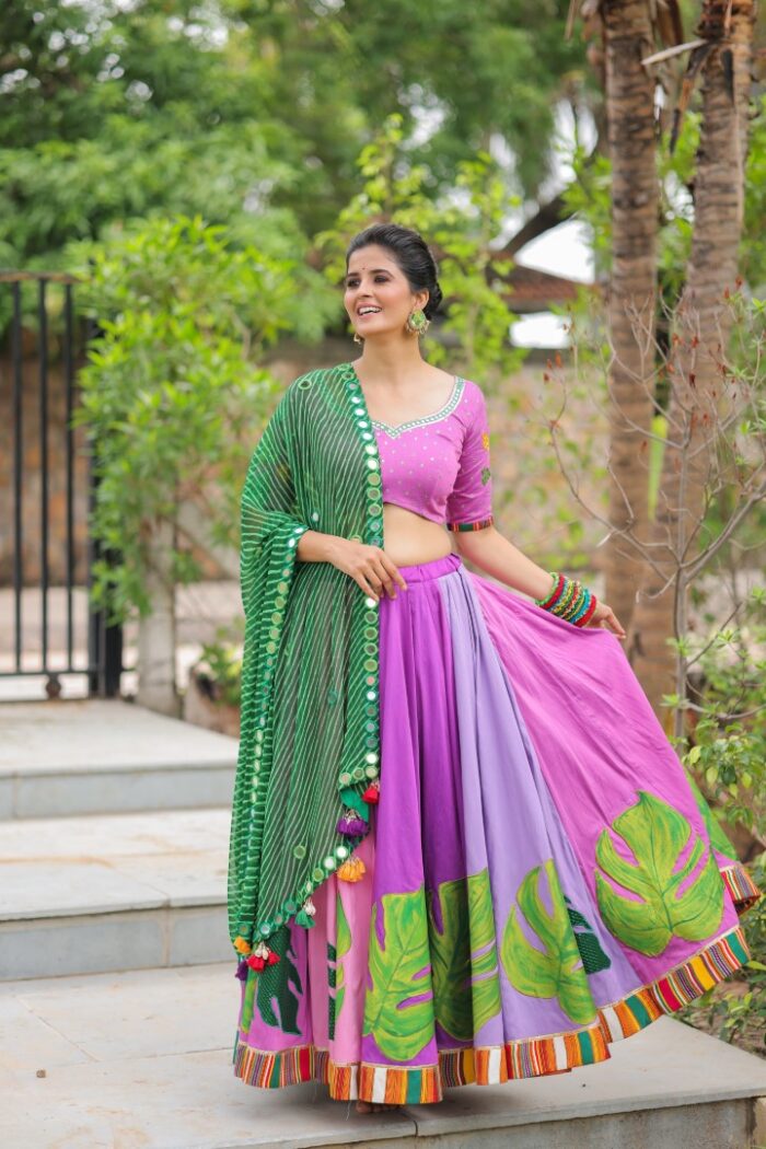 Bohemian Lavender & Multi-Tone Lehenga Choli with Green Dupatta - Image 2
