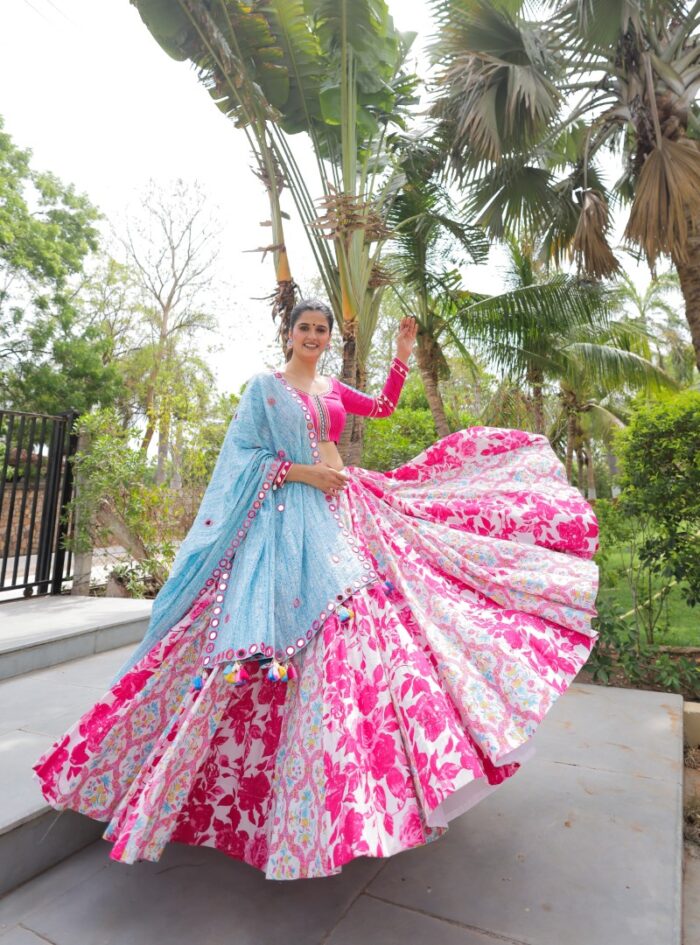 Vibrant Pink Floral Lehenga Choli with Blue Dupatta - Image 5