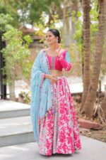 Vibrant Pink Floral Lehenga Choli with Blue Dupatta