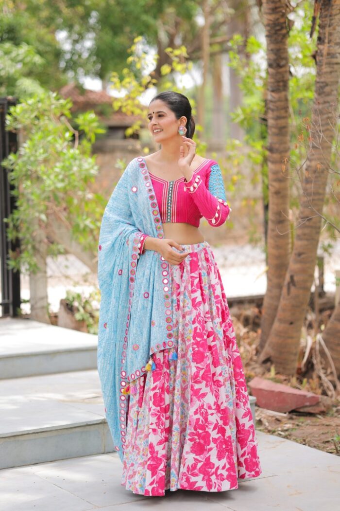 Vibrant Pink Floral Lehenga Choli with Blue Dupatta - Image 1