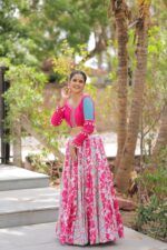 Vibrant Pink Floral Lehenga Choli with Blue Dupatta - Image 2