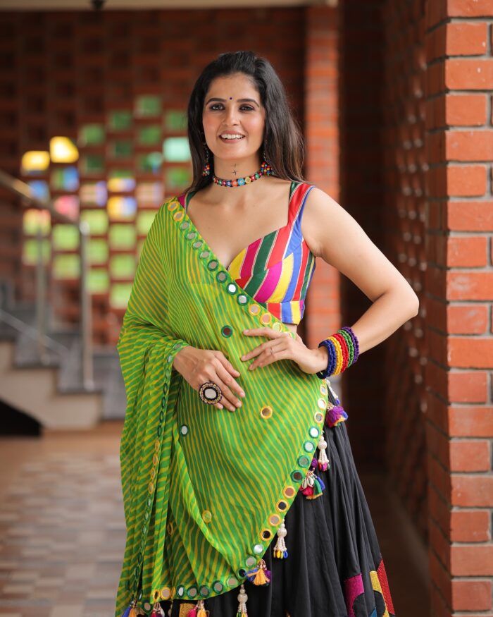 Bold Black Lehenga Choli with Multi-Color Appliqué & Mirror Work - Image 4