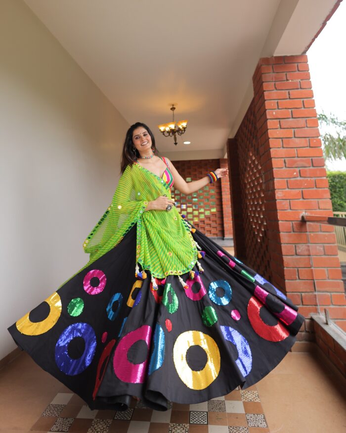 Bold Black Lehenga Choli with Multi-Color Appliqué & Mirror Work - Image 3