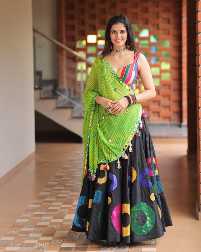 Bold Black Lehenga Choli with Multi-Color Appliqué & Mirror Work - Image 1