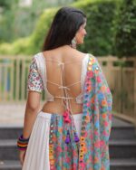 White Lehenga Choli with Vibrant Appliqué & Floral Mirror Work Dupatta - Image 4