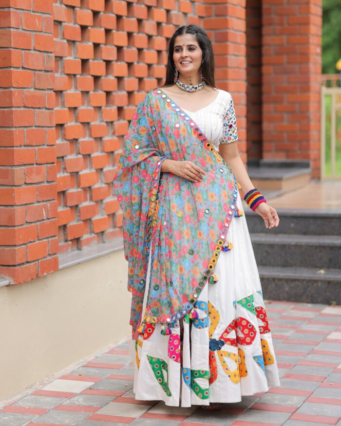 White Lehenga Choli with Vibrant Appliqué & Floral Mirror Work Dupatta - Image 1