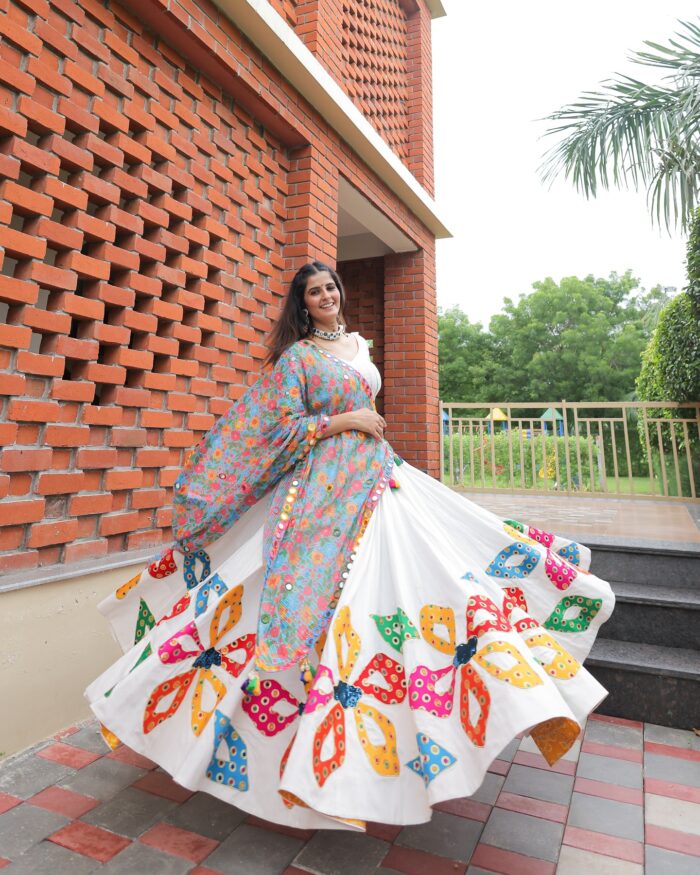 White Lehenga Choli with Vibrant Appliqué & Floral Mirror Work Dupatta - Image 5