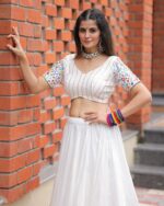 White Lehenga Choli with Vibrant Appliqué & Floral Mirror Work Dupatta - Image 2