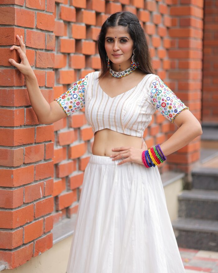 White Lehenga Choli with Vibrant Appliqué & Floral Mirror Work Dupatta - Image 2