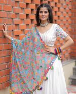 White Lehenga Choli with Vibrant Appliqué & Floral Mirror Work Dupatta - Image 3