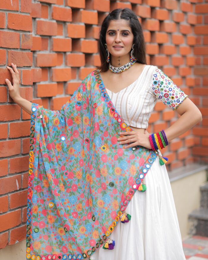 White Lehenga Choli with Vibrant Appliqué & Floral Mirror Work Dupatta - Image 3