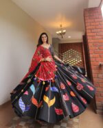Bohemian Black Lehenga Choli with Colorful Motif Prints & Mirror Work Dupatta - Image 3