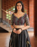 Bohemian Black Lehenga Choli with Colorful Motif Prints & Mirror Work Dupatta - Image 5