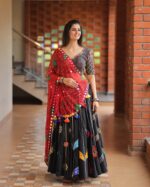 Bohemian Black Lehenga Choli with Colorful Motif Prints & Mirror Work Dupatta