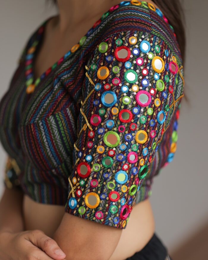 Bohemian Black Lehenga Choli with Colorful Motif Prints & Mirror Work Dupatta - Image 2