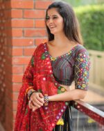 Bohemian Black Lehenga Choli with Colorful Motif Prints & Mirror Work Dupatta - Image 6