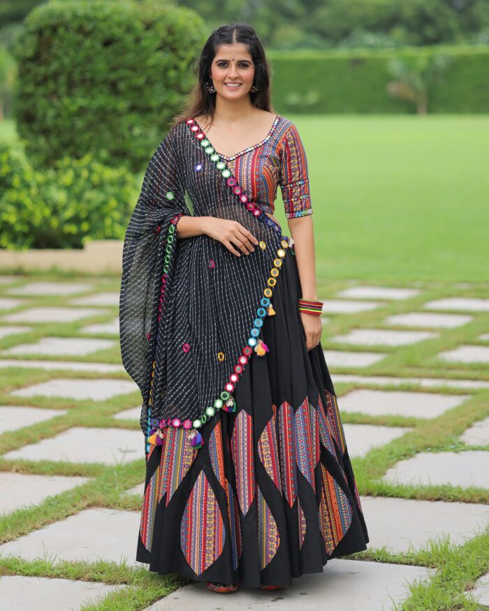 Contemporary Black Lehenga Choli with Multicolor Geometric Prints and Mirror Work - Image 1