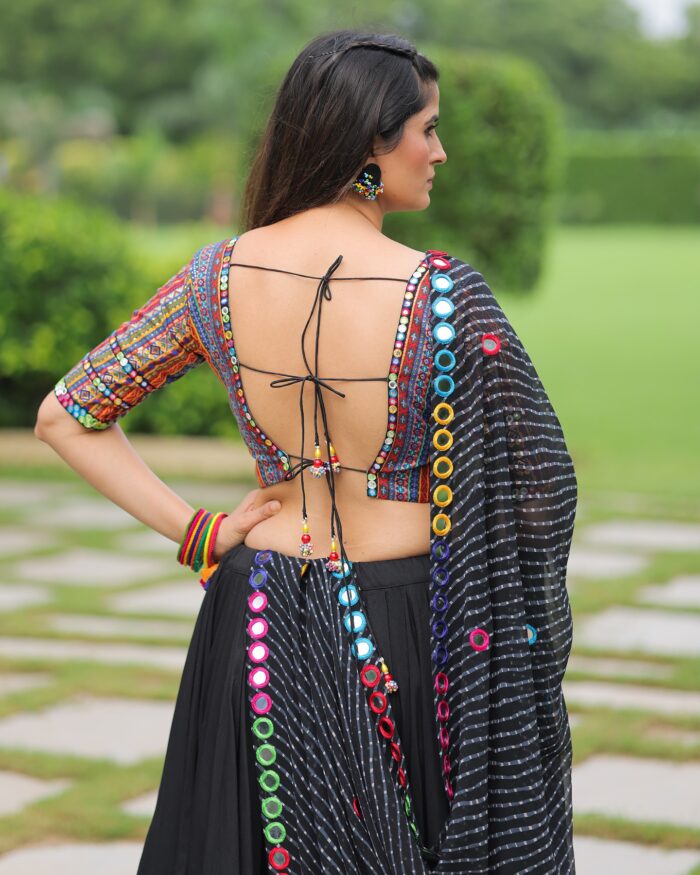 Contemporary Black Lehenga Choli with Multicolor Geometric Prints and Mirror Work - Image 4