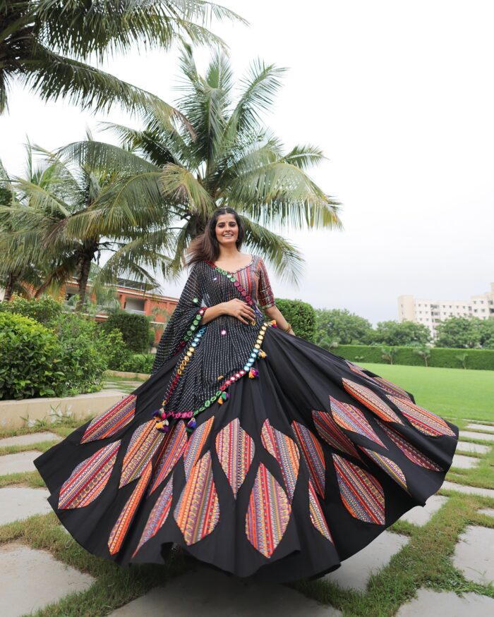 Contemporary Black Lehenga Choli with Multicolor Geometric Prints and Mirror Work - Image 5