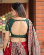 Crimson Red Lehenga Choli with Geometric Printed Dupatta and Sequin Border - Image 2