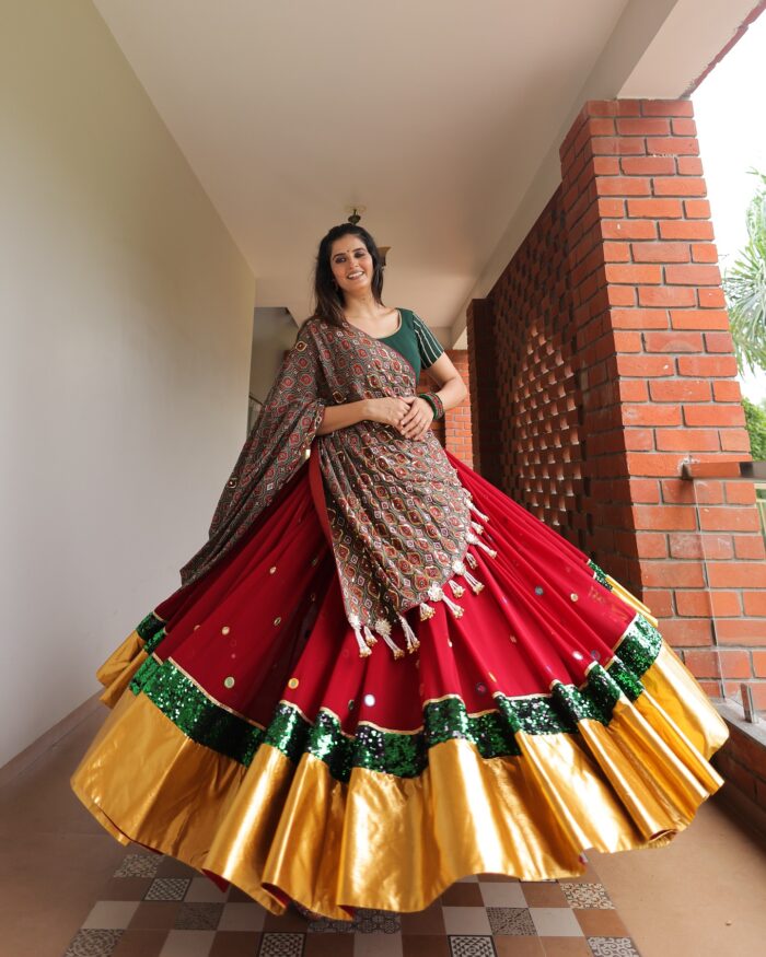 Crimson Red Lehenga Choli with Geometric Printed Dupatta and Sequin Border - Image 3