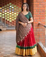 Crimson Red Lehenga Choli with Geometric Printed Dupatta and Sequin Border