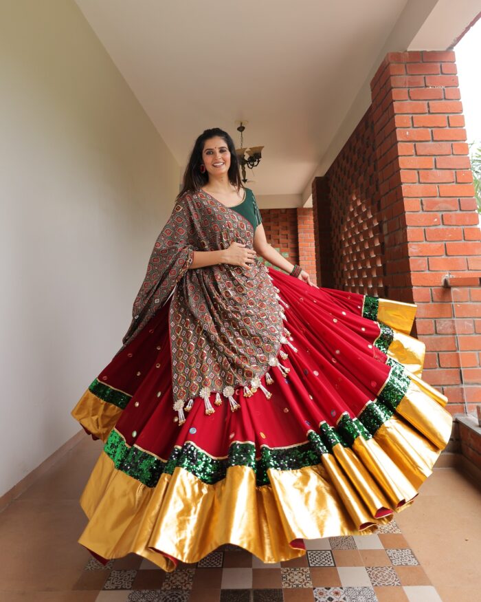 Crimson Red Lehenga Choli with Geometric Printed Dupatta and Sequin Border - Image 4
