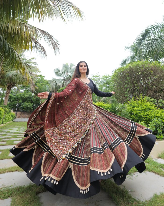 Traditional Black and Maroon Printed Lehenga Choli with Mirror & Tassel Work - Image 4
