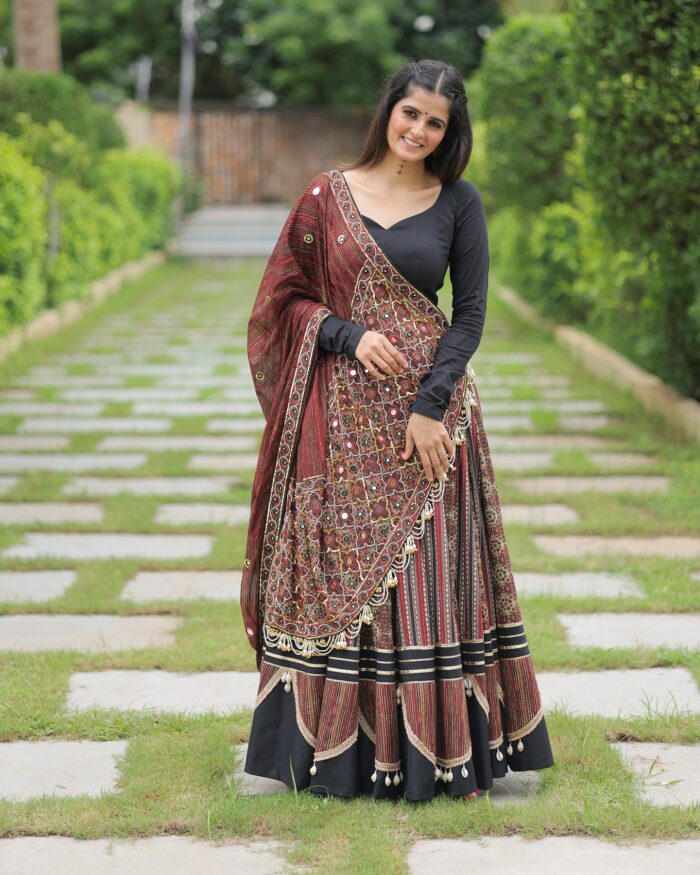 Traditional Black and Maroon Printed Lehenga Choli with Mirror & Tassel Work - Image 1