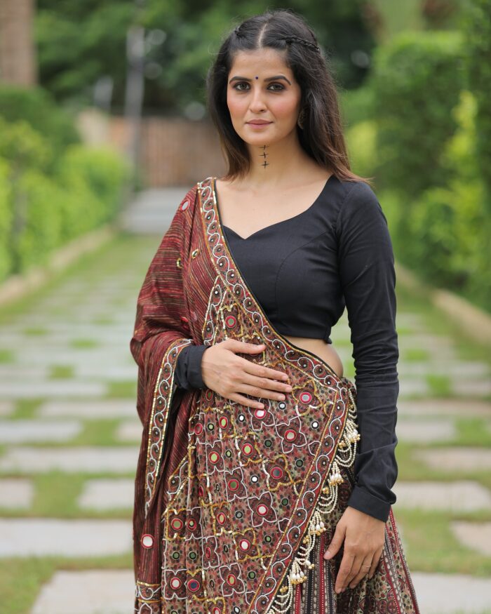 Traditional Black and Maroon Printed Lehenga Choli with Mirror & Tassel Work - Image 3