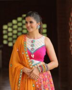 Vibrant Pink & White Printed Lehenga Choli with Mirror Work Dupatta - Image 2