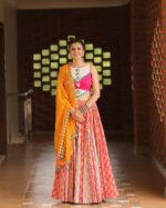 Vibrant Pink & White Printed Lehenga Choli with Mirror Work Dupatta