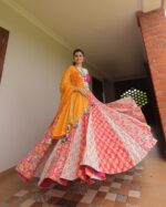 Vibrant Pink & White Printed Lehenga Choli with Mirror Work Dupatta - Image 4