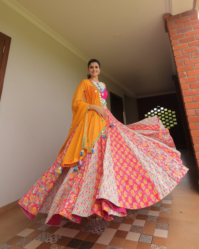 Vibrant Pink & White Printed Lehenga Choli with Mirror Work Dupatta - Image 4