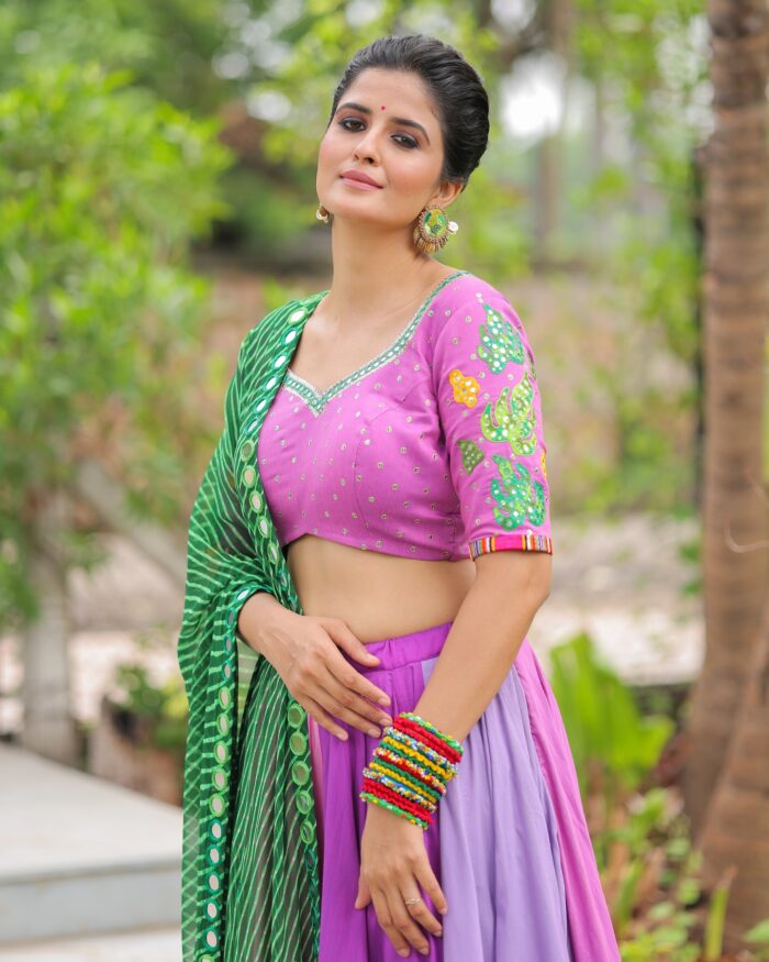 Bohemian Art Print Lehenga Choli with Bandhani Mirror Work Dupatta - Image 3
