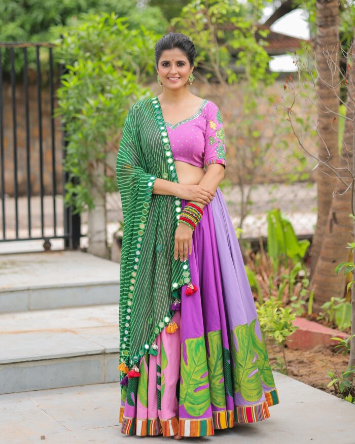 Bohemian Art Print Lehenga Choli with Bandhani Mirror Work Dupatta - Image 4