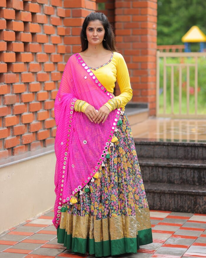 Vibrant Floral Print Lehenga Choli with Mirror Work Dupatta - Image 3